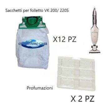 Sacchetti folletto vk 200 vk 220s 12 sacchetti, filtri, profumi e  sottospazzola vk200-220s compatibili